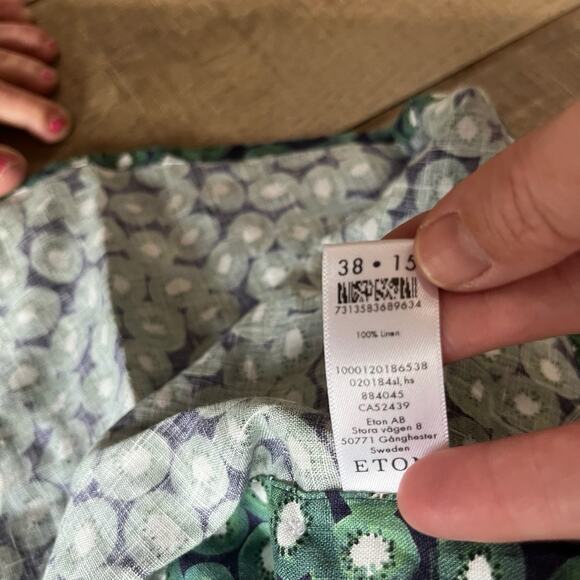 Eton 100% Linen Short Sleeve Button Up Shirt Green Blue Kiwi Print Sz 38 15 - Picture 6 of 11